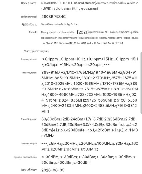 1000041328 Specification sheet for 2608BPX34C transmitting equipment: model, applicant Xiaomi, remarks, validity, frequency ranges, power, and emission limits.