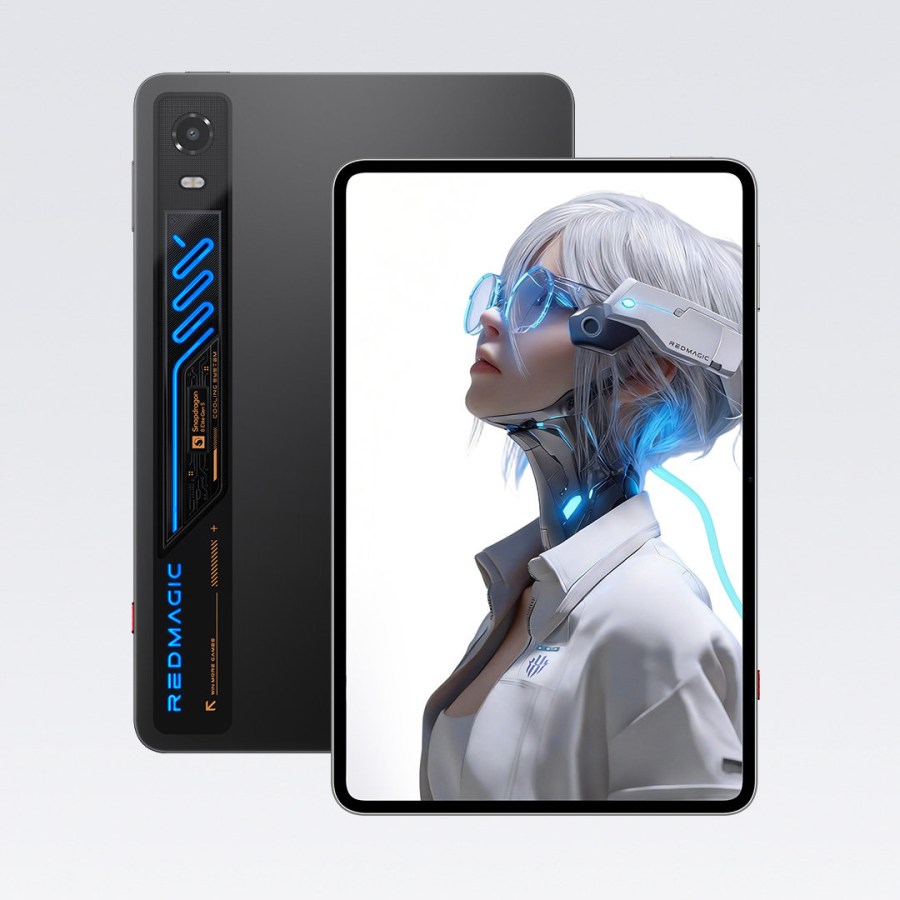 Black RedMagic gaming smartphone angled in icy blue environment, showcasing its side cooling vent with blue LED accents.