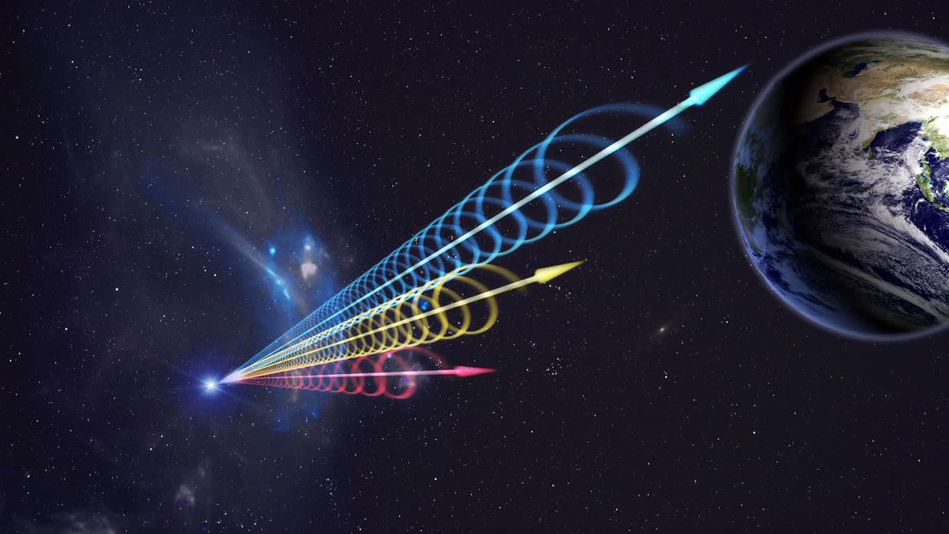 1000042822 Artist's concept of several colored laser beams converging toward Earth from a distant point in space.