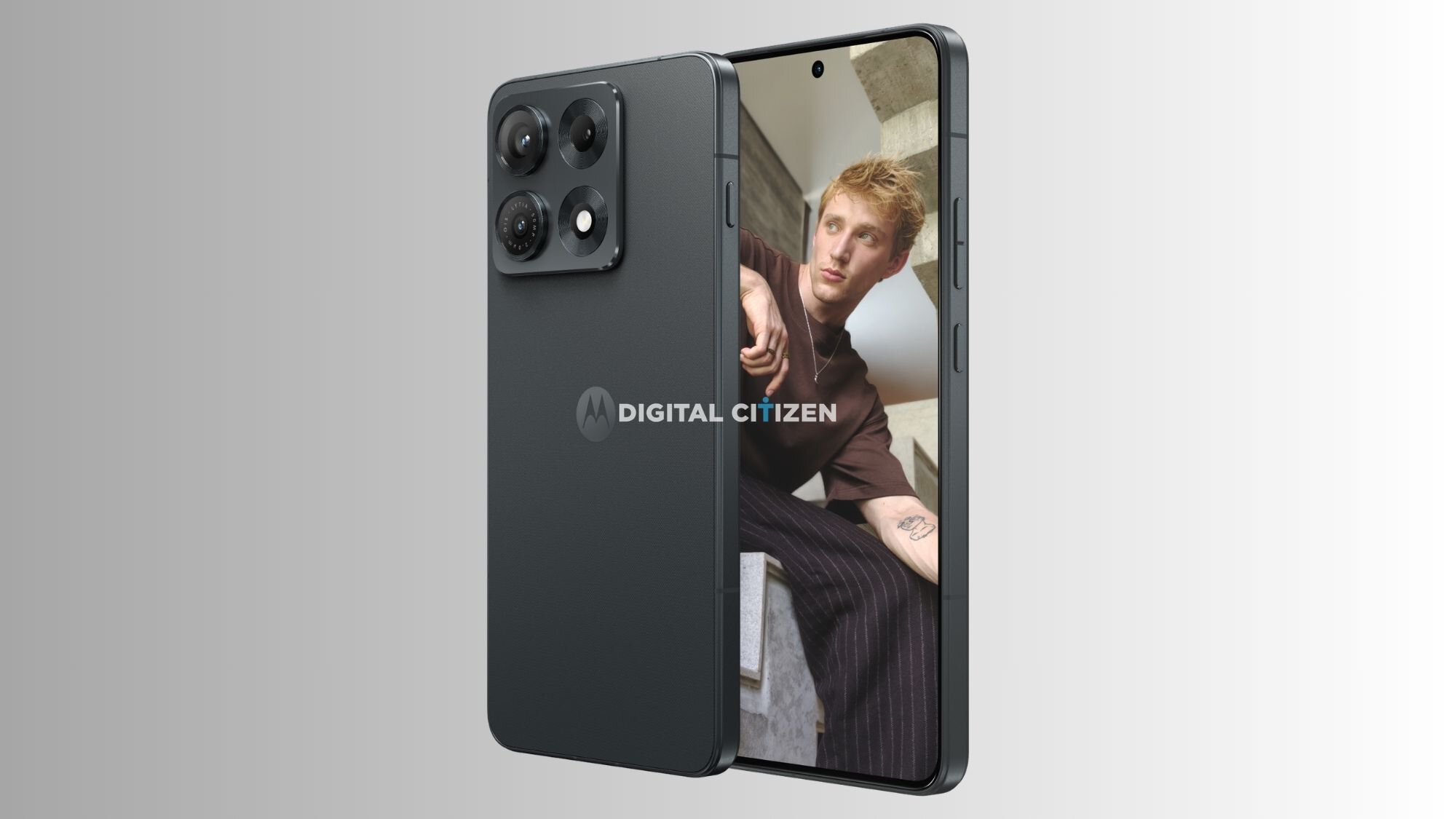 Smartphone held tilted to show its back camera array while the screen displays a portrait of a blond man sitting on concrete stairs, with a Digital Citizen watermark on the screen.
