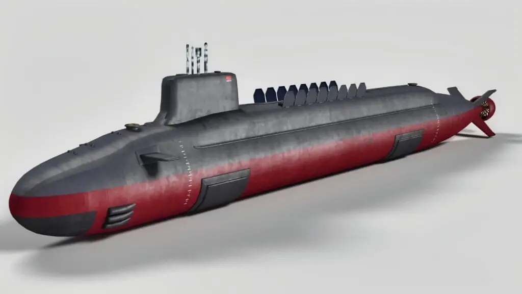 3D model of a gray and red submarine with a raised conning tower and tail propeller on a light background