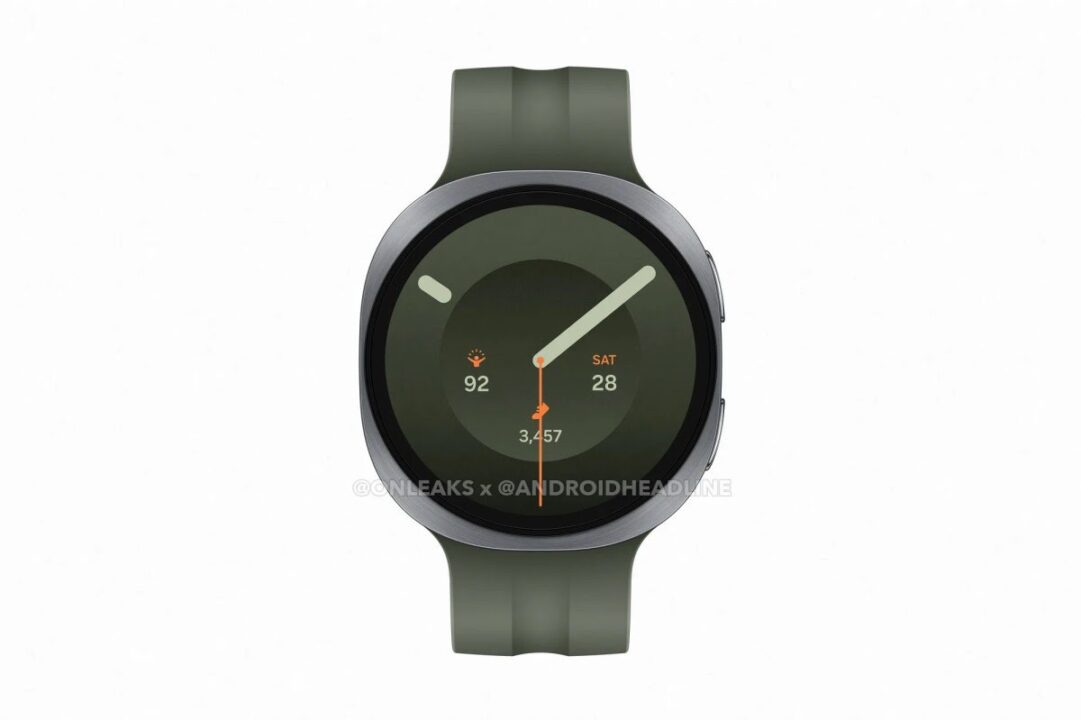 Round smartwatch with an olive-green band and metal bezel, displaying time and activity stats on a dark circular screen.