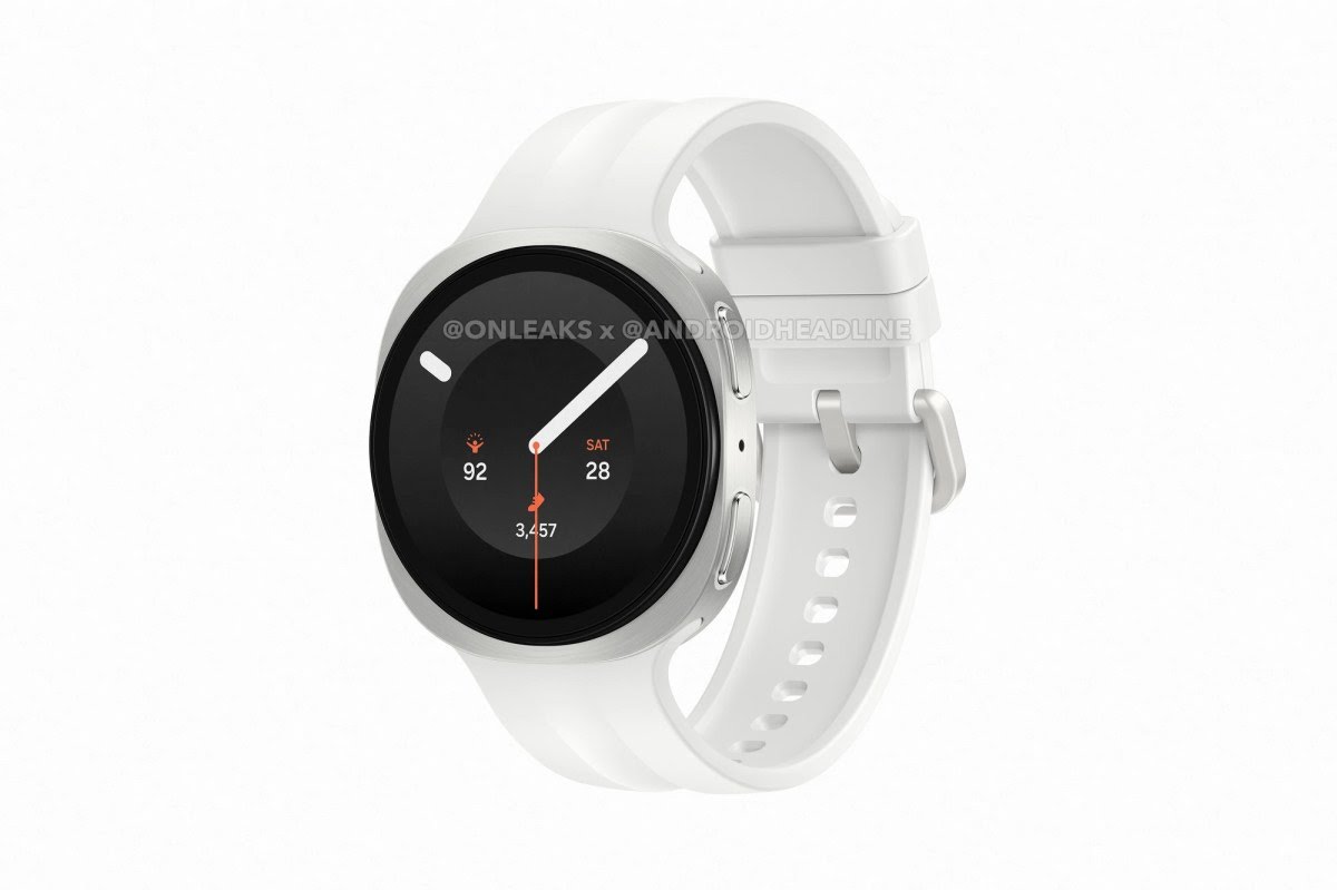 Round smartwatch with an olive-green band and metal bezel, displaying time and activity stats on a dark circular screen.