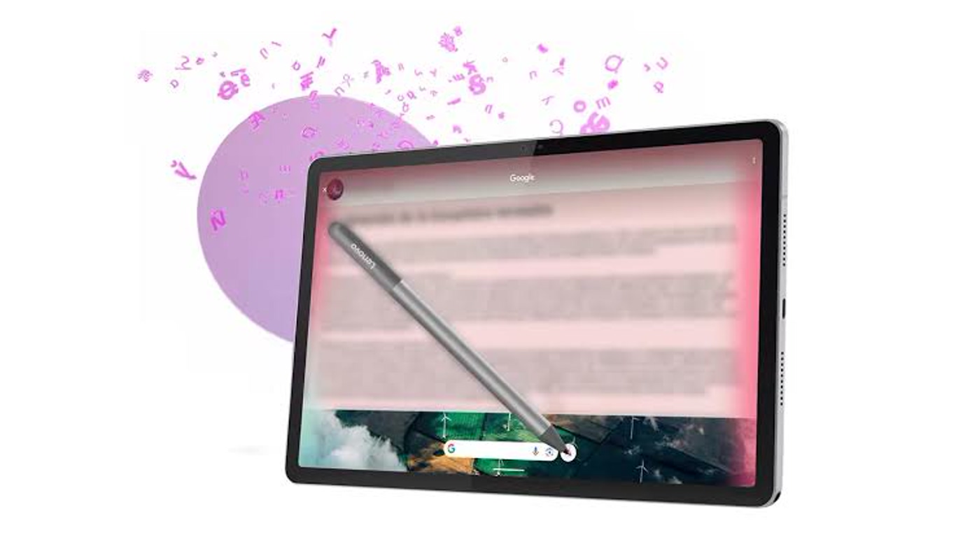 Tablet with a silver stylus resting diagonally across the screen against a pink-purple background with a circular shape behind it.