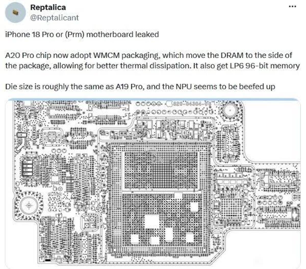 Leaked iPhone 18 Pro motherboard circuit diagram showing dense PCB layout and chip area.