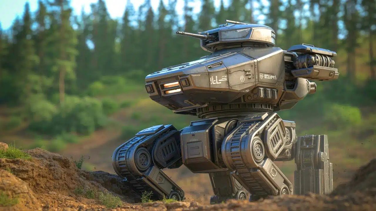 robots-2 Large sci-fi armored battle mech with a mounted gun, standing on rugged terrain in a forest clearing.