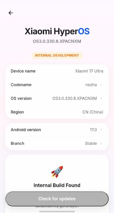 Xiaomi HyperOS internal development screen showing device name Xiaomi 17 Ultra and build details (OS3.0.330.8.XPACNXM) with a pink background and a Check for updates button at the bottom.