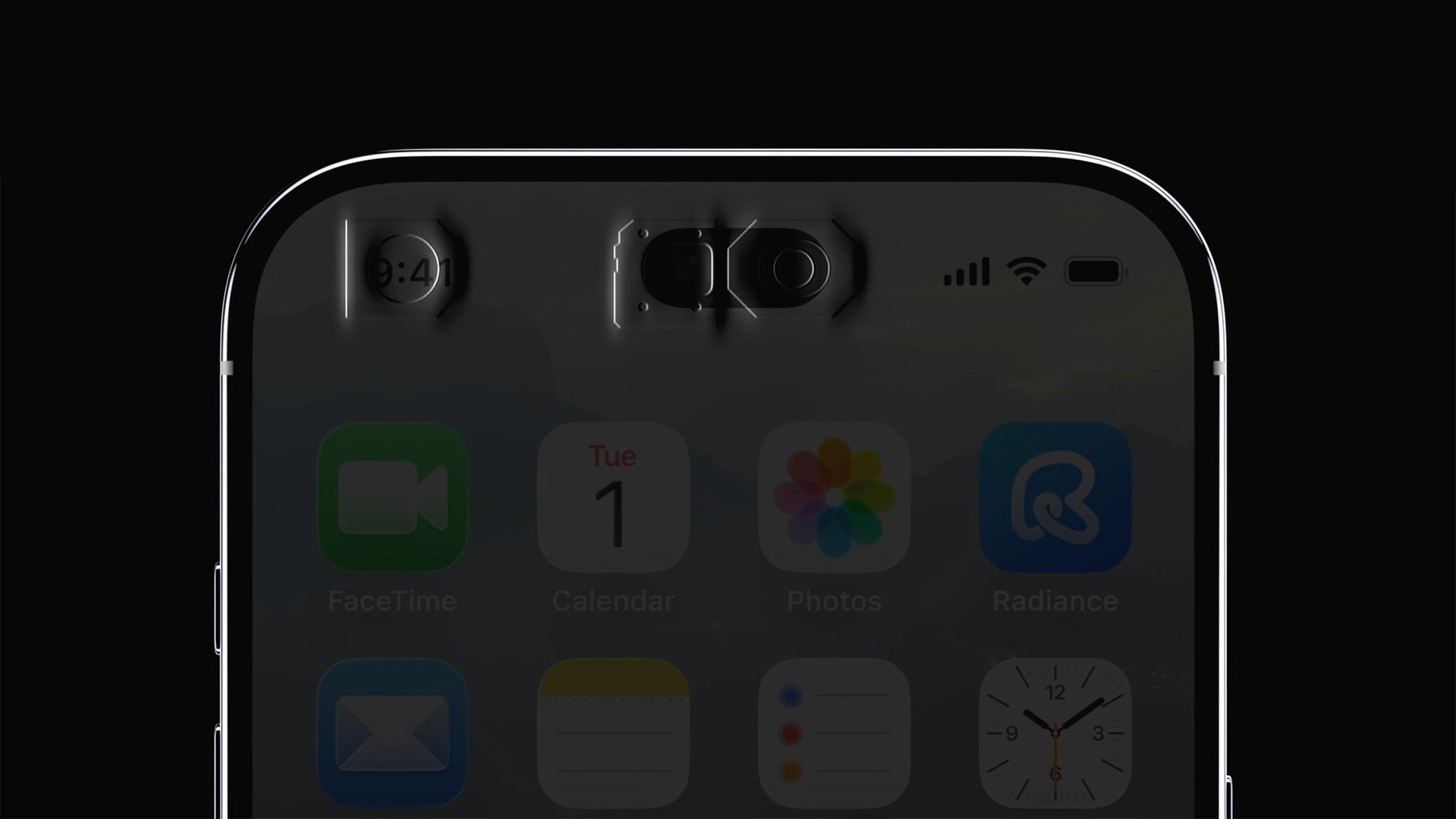 Close-up of the top edge of an iPhone showing the notch with sensors and status icons above the screen margins.