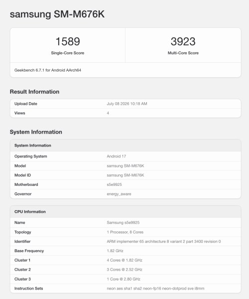 Geekbench results for Samsung SM-M676K: single-core 1589, multi-core 3923; system: Android 17, 8-core CPU at 1.82 GHz.