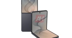 Two blue Samsung foldable smartphones shown at angles, highlighting the hinge/clamshell design and rounded cameras.
