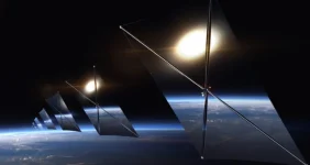 Metallic diamond-shaped spacecraft with a central cross, hovering above Earth and stars in space.