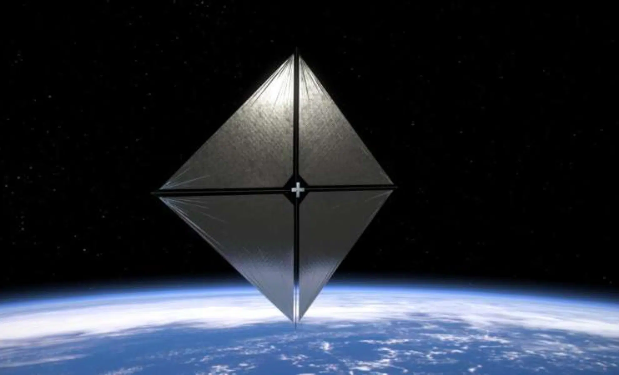 1000049764 Metallic diamond-shaped spacecraft with a central cross, hovering above Earth and stars in space.