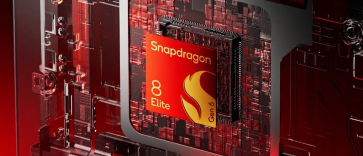 Close-up of a red Snapdragon 8 Elite Gen 6 processor chip embedded in a circuit board.