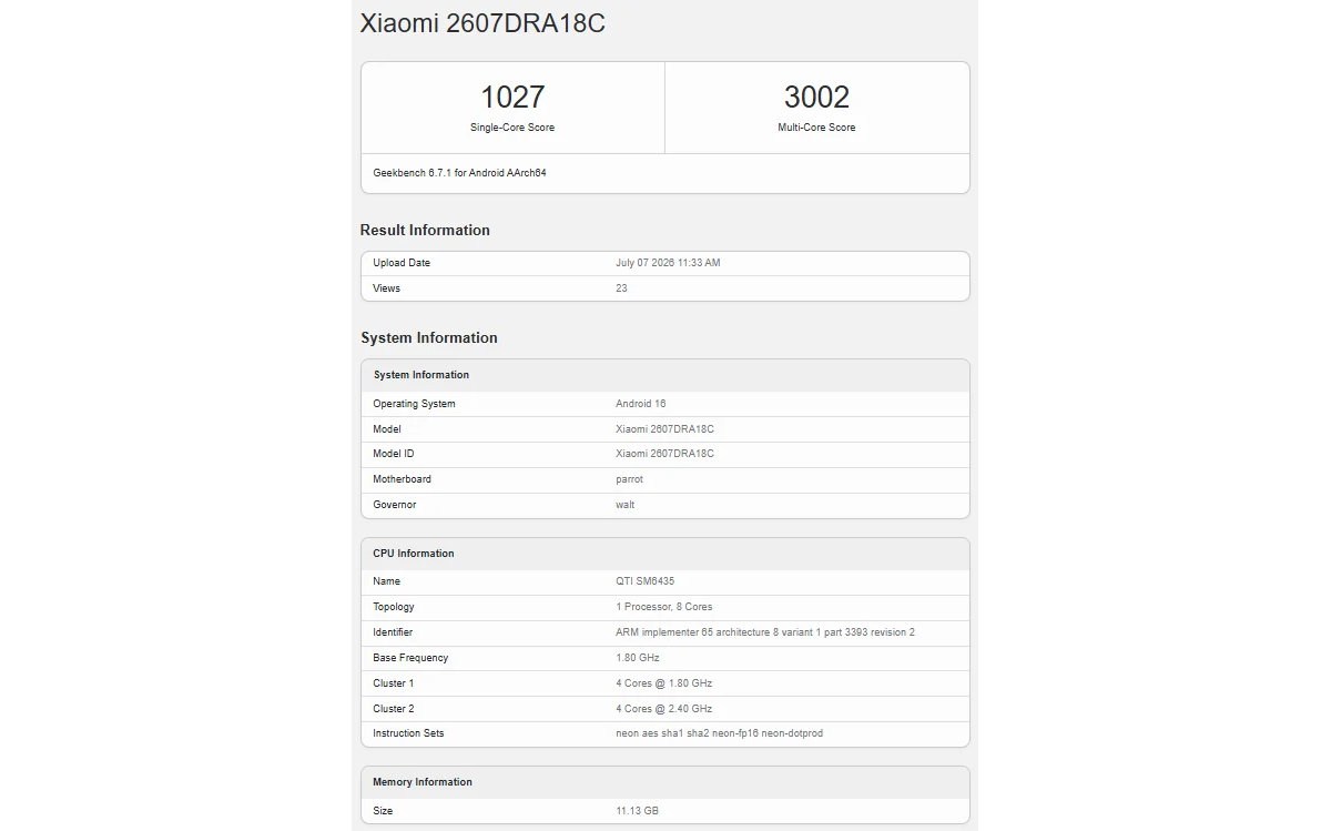 gsmarena_001 Geekbench results for Xiaomi 2607DRA18C: 1027 single-core, 3002 multi-core scores