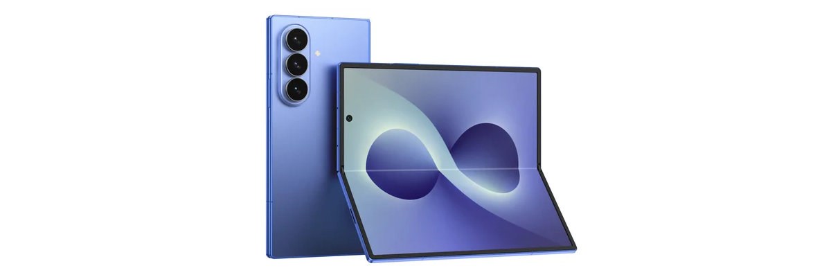 Foldable dual-screen device opened flat, left panel shows dual camera cutouts on a dark gray finish