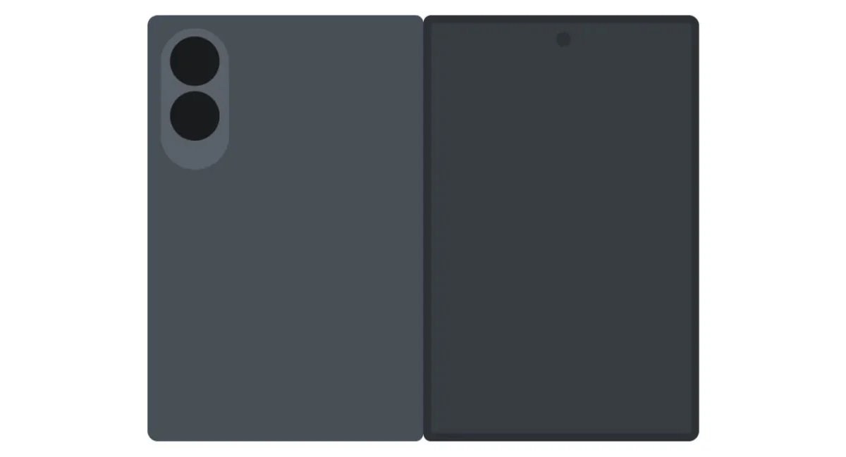 gsmarena_002 Foldable dual-screen device opened flat, left panel shows dual camera cutouts on a dark gray finish