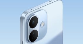 Blue Redmi smartphone splashing into water against a blue background with large white text behind it.