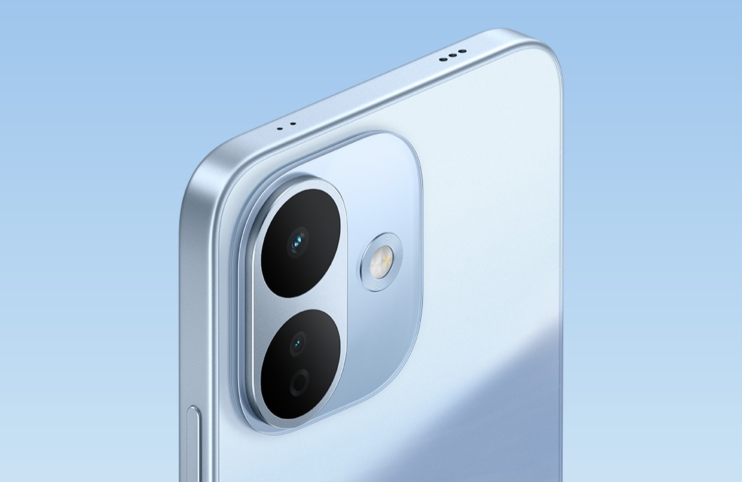 Blue Redmi smartphone splashing into water against a blue background with large white text behind it.